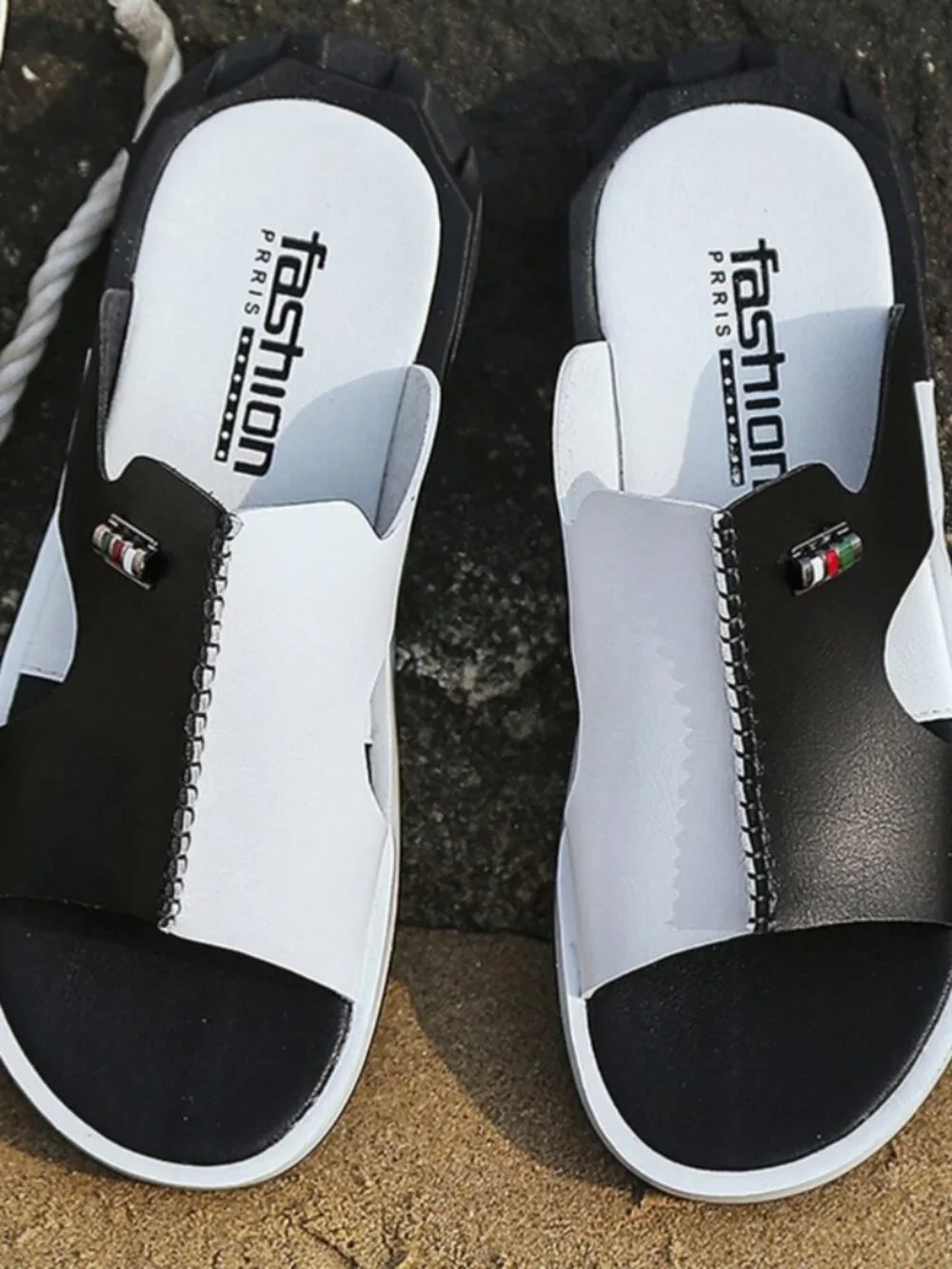 Men Two Tone Stitch Detail Slides, Outdoor Summer Slides